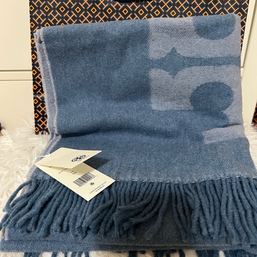 Authentic  Tory Burch solid Logo Oblong Scarf Blue Yonder